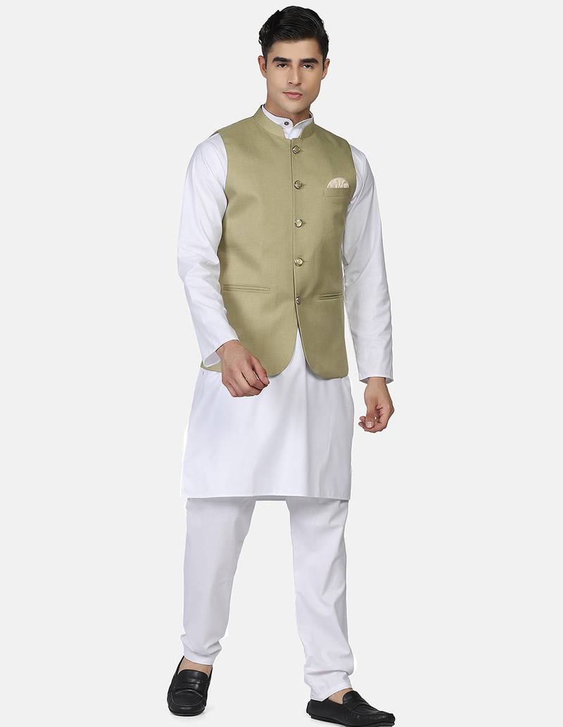 Mens solid white kurta pyjama set with sage green jacket