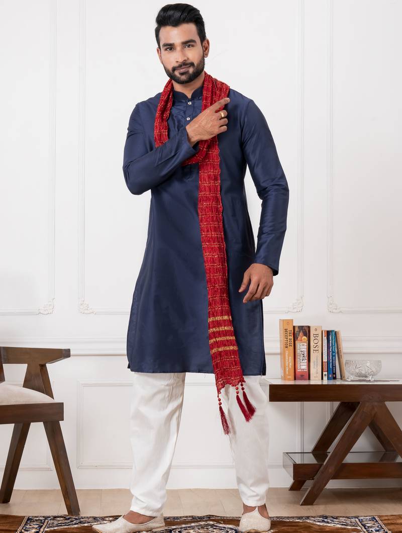  blue  silk blend kurta duppata  set for men