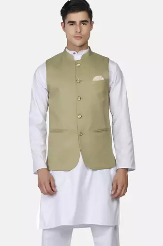 Mens solid white kurta pyjama set with sage green jacket