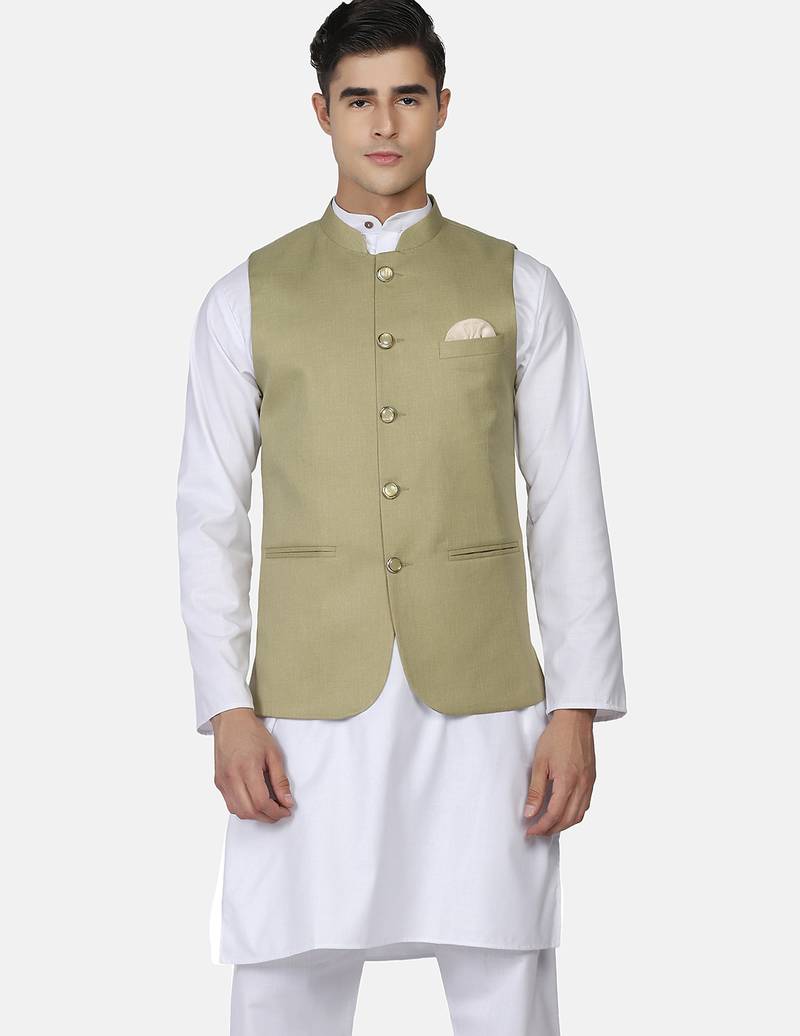 Mens solid white kurta pyjama set with sage green jacket