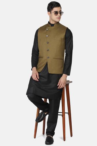 Mens solid black kurta pyjama set with olive green jacket