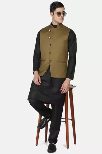 Mens solid black kurta pyjama set with olive green jacket