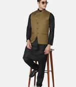 Mens solid black kurta pyjama set with olive green jacket