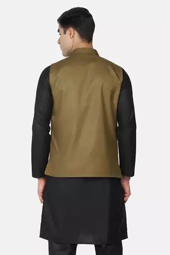 Mens solid black kurta pyjama set with olive green jacket