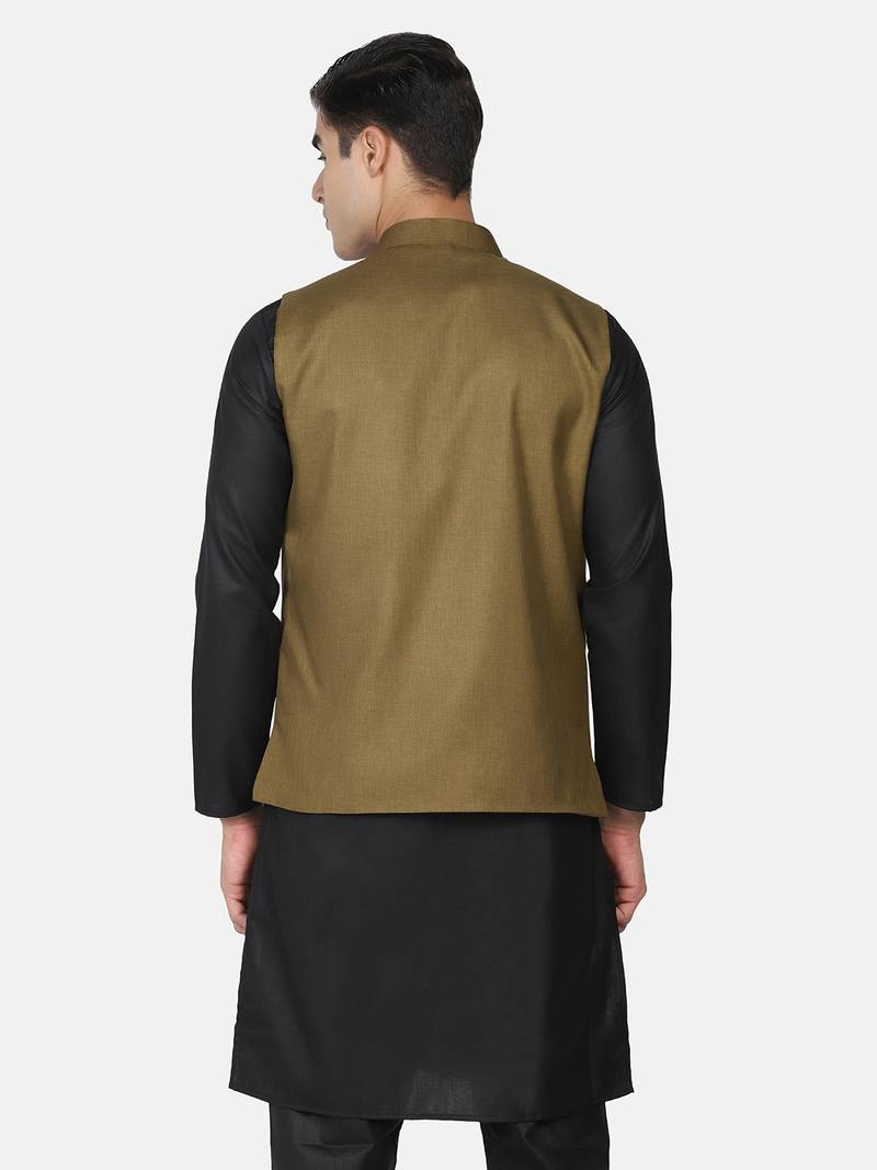 Mens solid black kurta pyjama set with olive green jacket