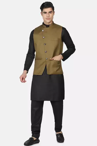 Mens solid black kurta pyjama set with olive green jacket