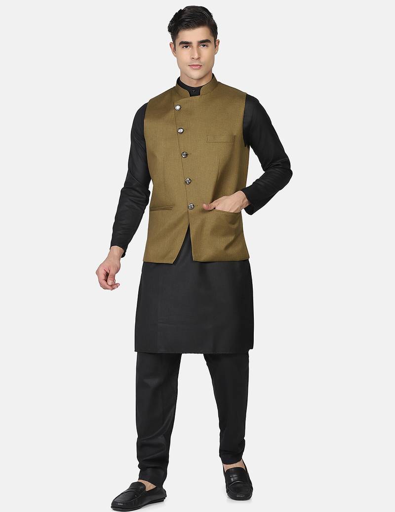 Mens solid black kurta pyjama set with olive green jacket