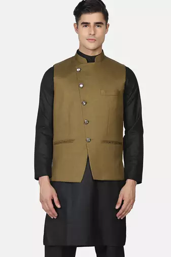 Mens solid black kurta pyjama set with olive green jacket
