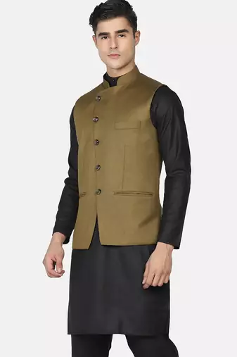 Mens solid black kurta pyjama set with olive green jacket