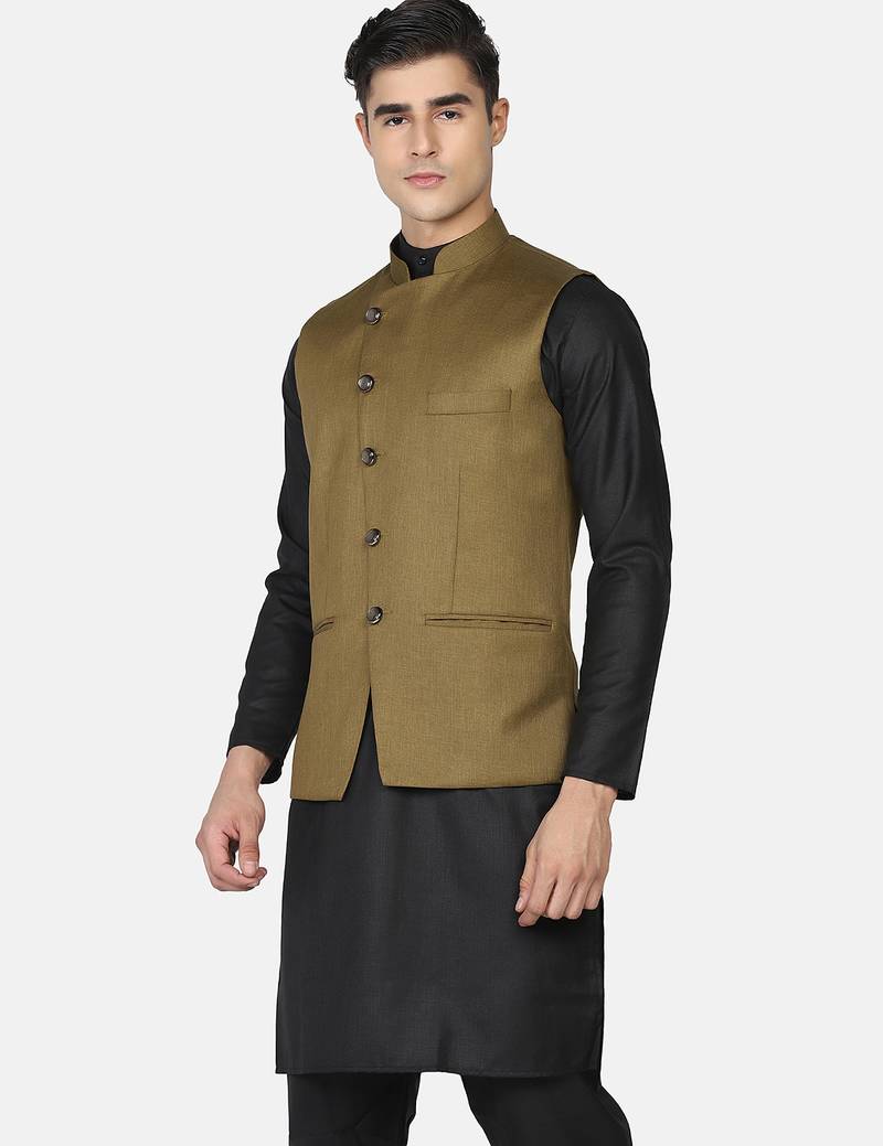 Mens solid black kurta pyjama set with olive green jacket