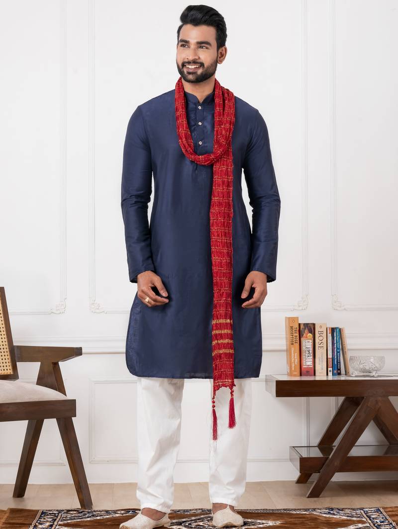  blue  silk blend kurta duppata  set for men