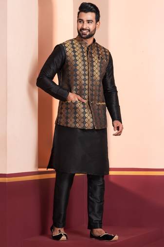  black  silk blend kurta jacket  set for men 