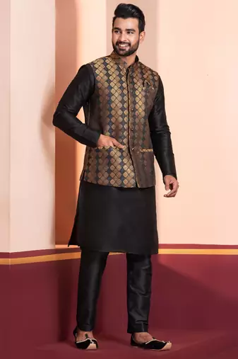  black  silk blend kurta jacket  set for men 