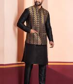  black  silk blend kurta jacket  set for men 