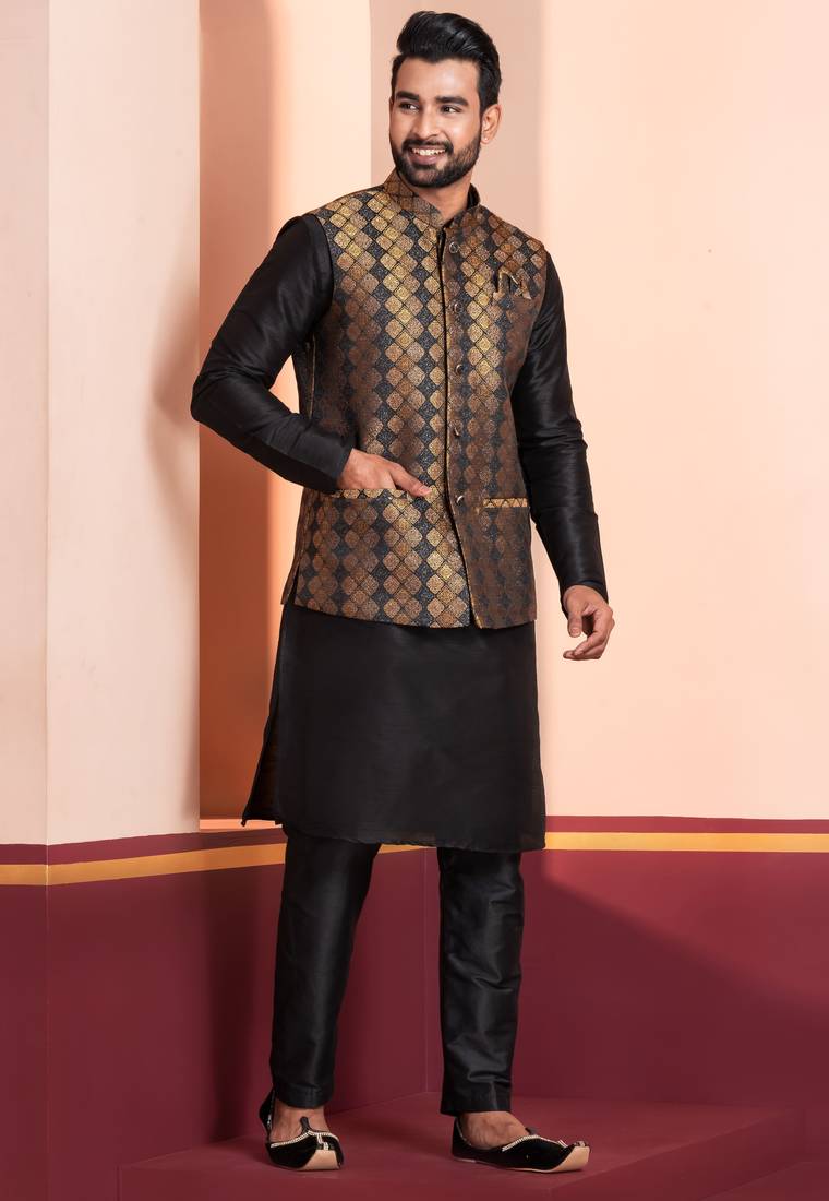  black  silk blend kurta jacket  set for men 