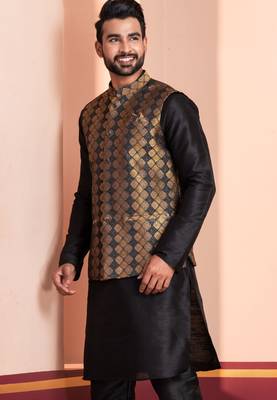  black  silk blend kurta jacket  set for men  2