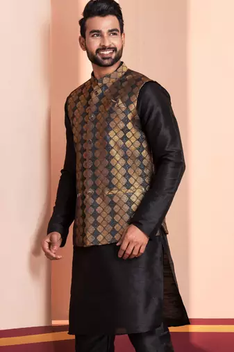  black  silk blend kurta jacket  set for men 