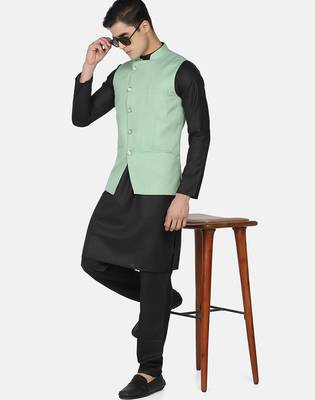 Mens solid black kurta pyjama set with pistachio green jacket 1