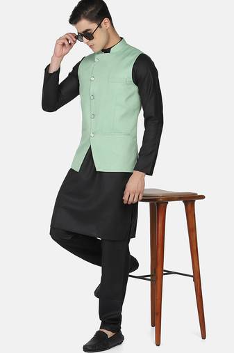 Mens solid black kurta pyjama set with pistachio green jacket