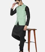 Mens solid black kurta pyjama set with pistachio green jacket