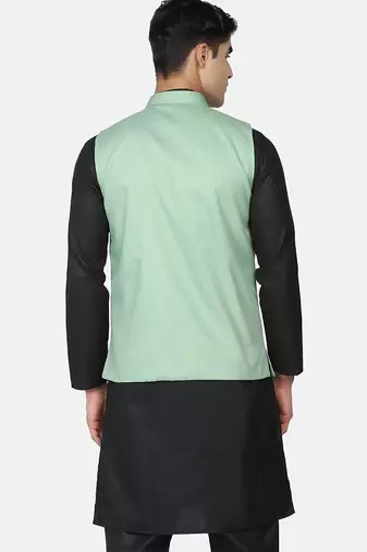 Mens solid black kurta pyjama set with pistachio green jacket
