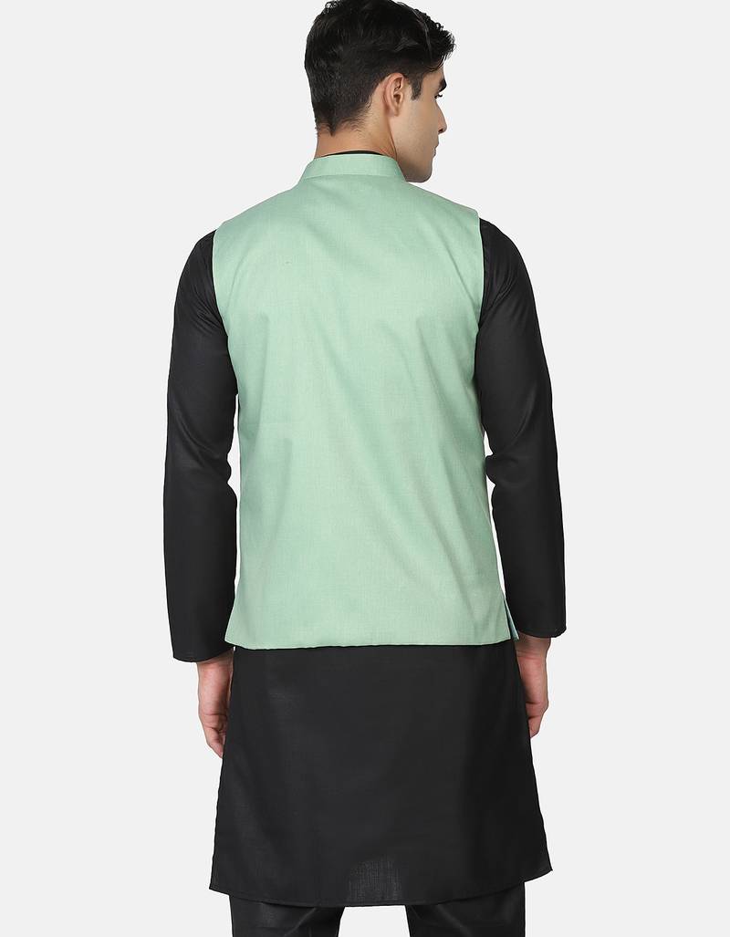 Mens solid black kurta pyjama set with pistachio green jacket