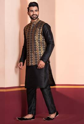  black  silk blend kurta jacket  set for men  3