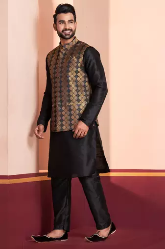  black  silk blend kurta jacket  set for men 