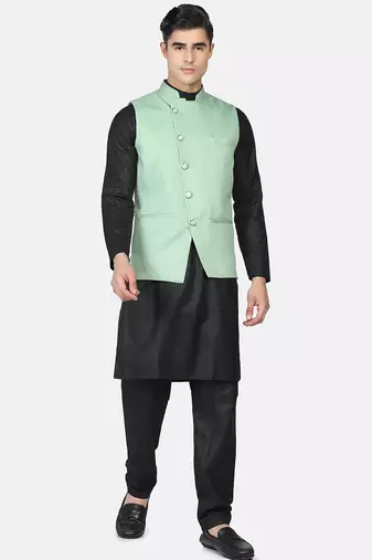 Mens solid black kurta pyjama set with pistachio green jacket