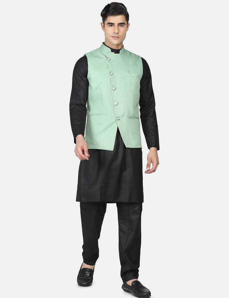 Mens solid black kurta pyjama set with pistachio green jacket