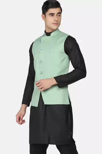 Mens solid black kurta pyjama set with pistachio green jacket