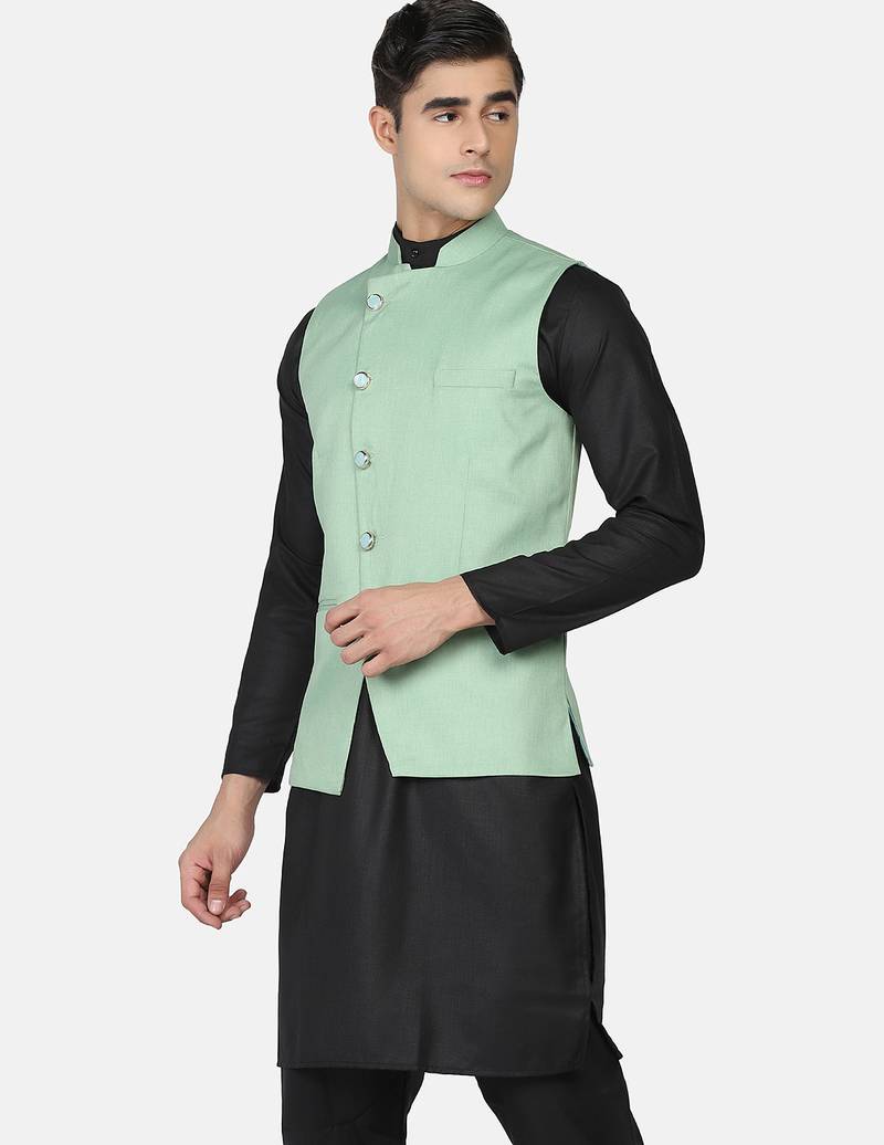 Mens solid black kurta pyjama set with pistachio green jacket