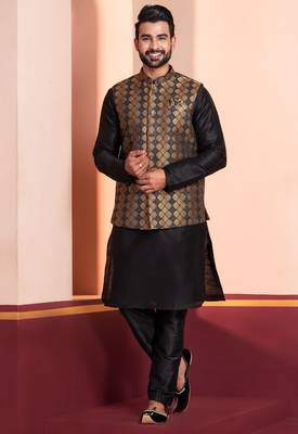  black  silk blend kurta jacket  set for men  4