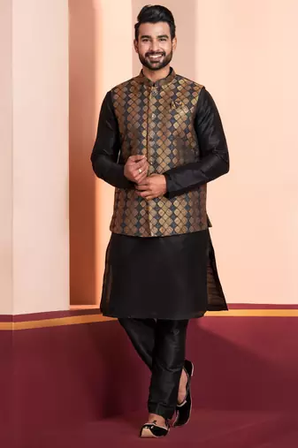  black  silk blend kurta jacket  set for men 