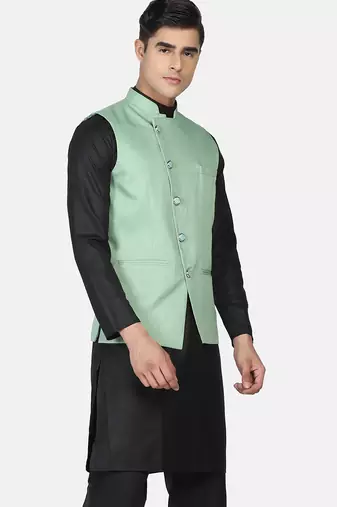 Mens solid black kurta pyjama set with pistachio green jacket