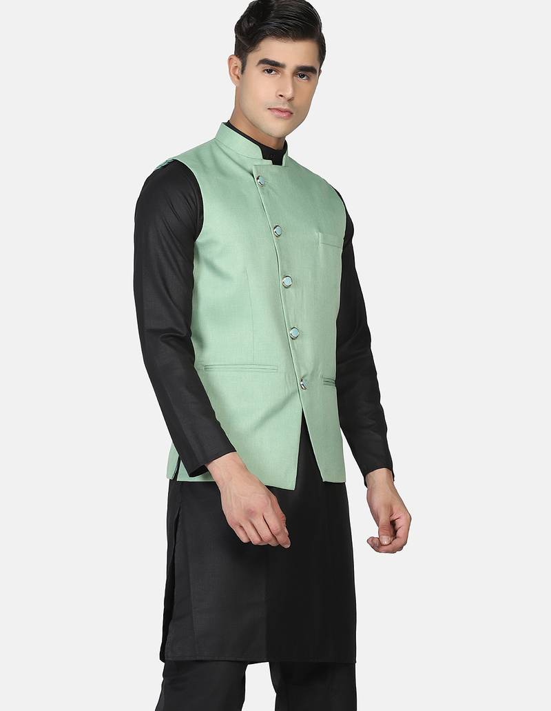 Mens solid black kurta pyjama set with pistachio green jacket