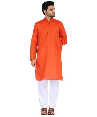 Orange self design mens kurta pyjama set 1