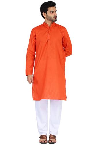 Orange self design mens kurta pyjama set