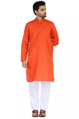 Orange self design mens kurta pyjama set
