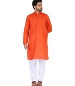 Orange self design mens kurta pyjama set
