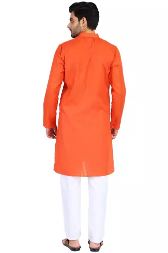 Orange self design mens kurta pyjama set