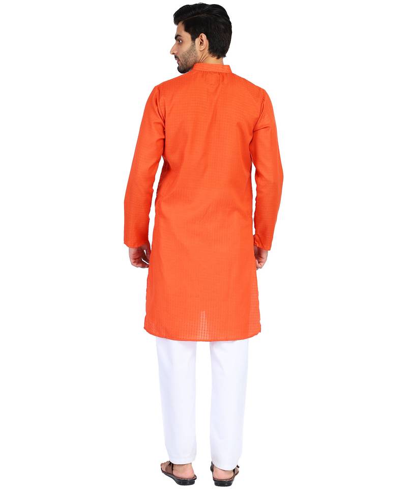 Orange self design mens kurta pyjama set