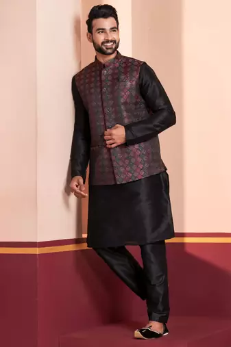  black  silk blend kurta jacket  set for men 