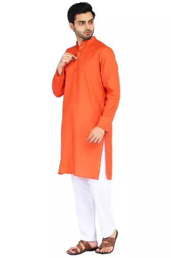 Orange self design mens kurta pyjama set