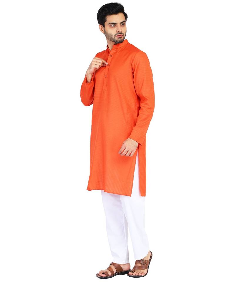 Orange self design mens kurta pyjama set