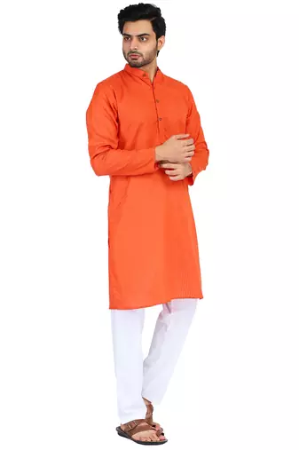 Orange self design mens kurta pyjama set