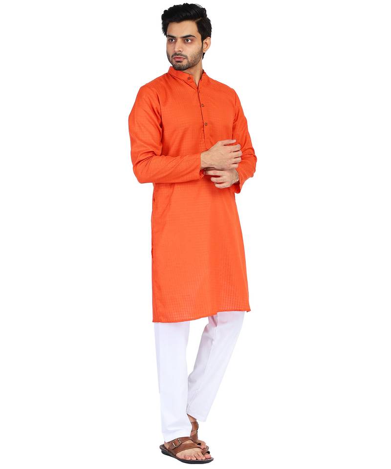 Orange self design mens kurta pyjama set