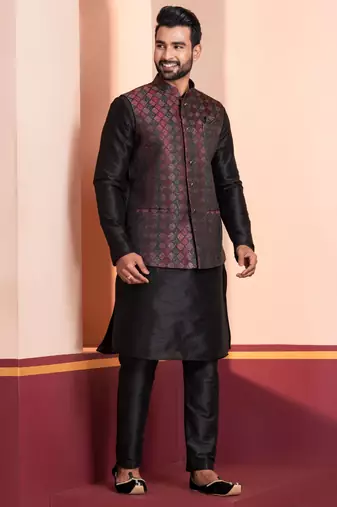  black  silk blend kurta jacket  set for men 