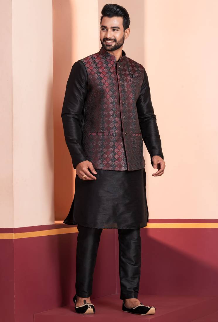  black  silk blend kurta jacket  set for men 