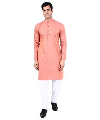 Peach self design mens kurta pyjama set 1